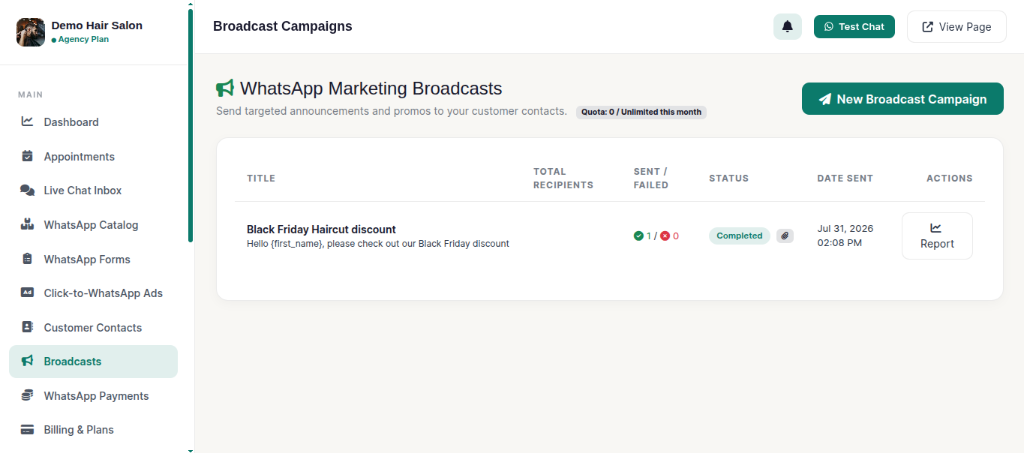 Mass WhatsApp Broadcast Dashboard Screenshot
