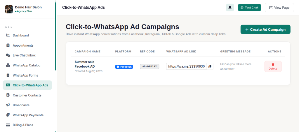 Click-to-WhatsApp Ads Dashboard Screenshot