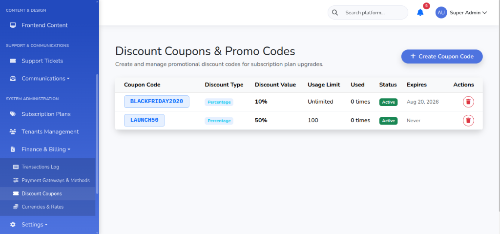 Coupon Codes Management Screenshot