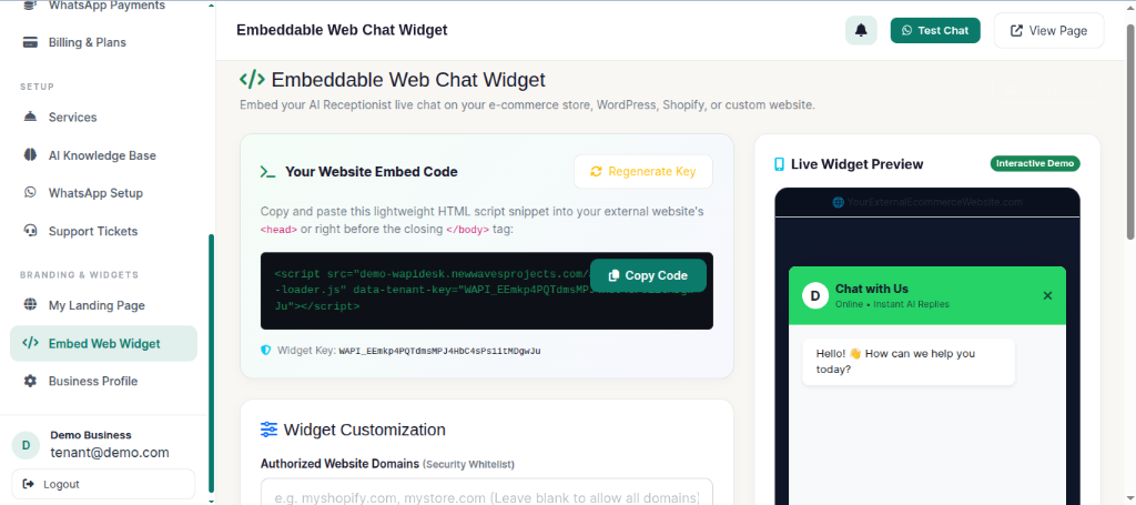 Embed Chat Widget Settings Screenshot