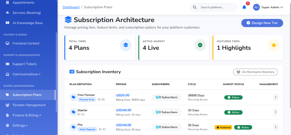 SaaS Subscription Plans Screenshot