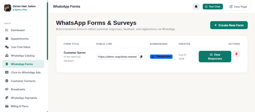 WhatsApp Forms Management Screenshot