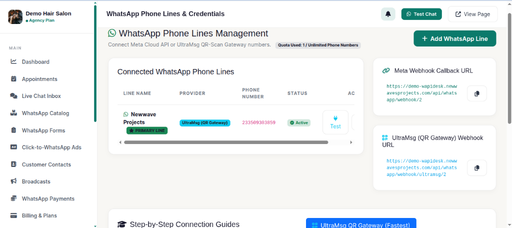WhatsApp Setup Dashboard Screenshot